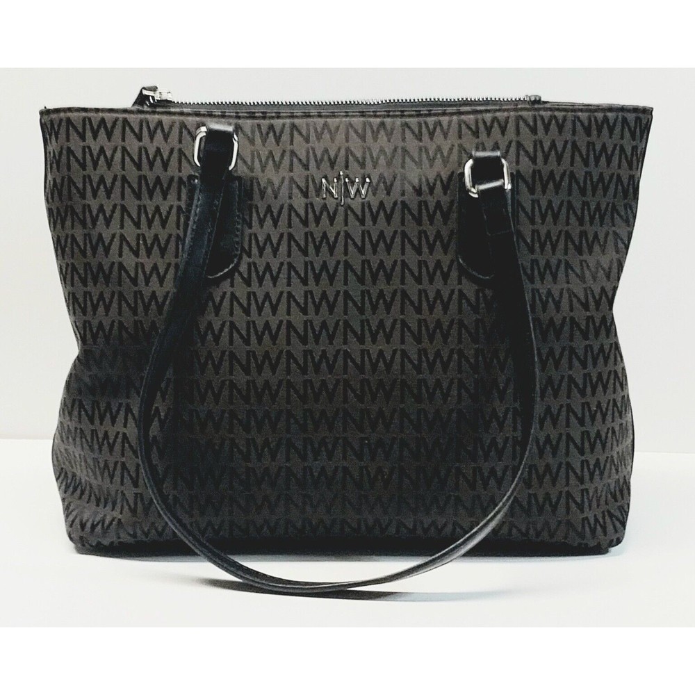 NINE WEST Magnetic closure tote bag NW Black Brown Classic Zip Pockets Travel